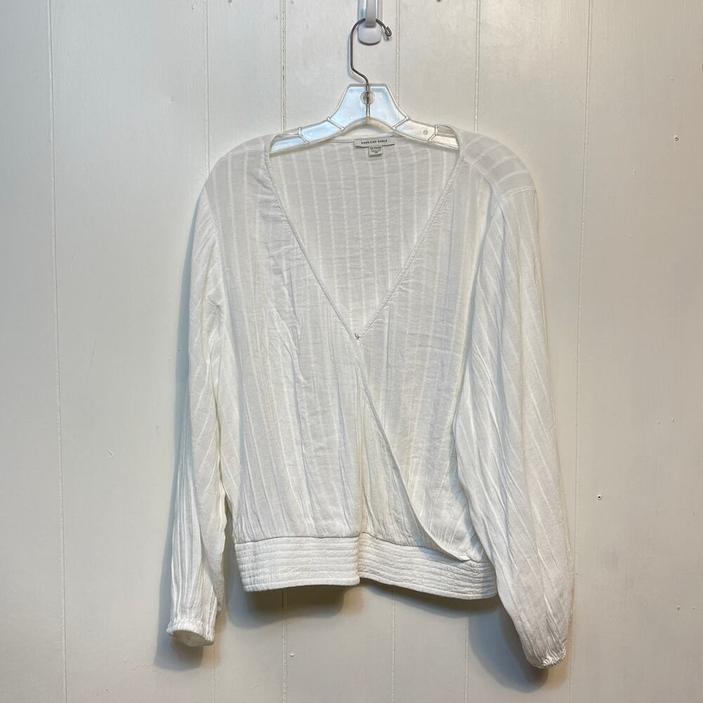 American Eagle Womens Blouse 2XL White Stripe Wrap Long Sleeve Top Lightweight